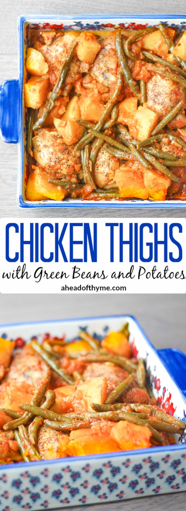 Chicken Thighs with Potatoes and Green Beans in Tomato Sauce: Budget-friendly chicekn thighs make for a delcious dinner packed with flavour in this Middle Eastern inspired dish | aheadofthyme.com