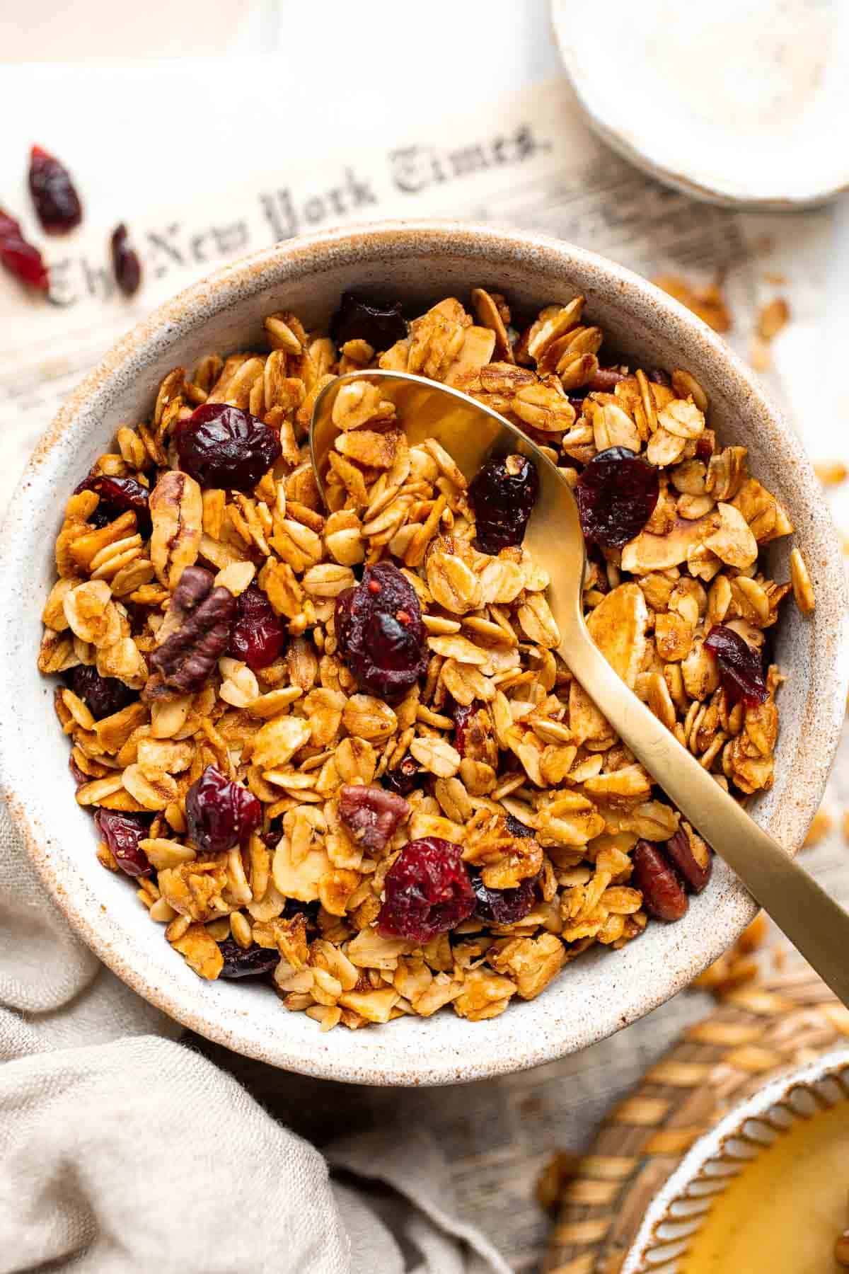 Homemade Granola is quick and easy to make at home using simple ingredients and 5 minutes of prep. This healthy snack is crunchy, delicious, and flavorful. | aheadofthyme.com