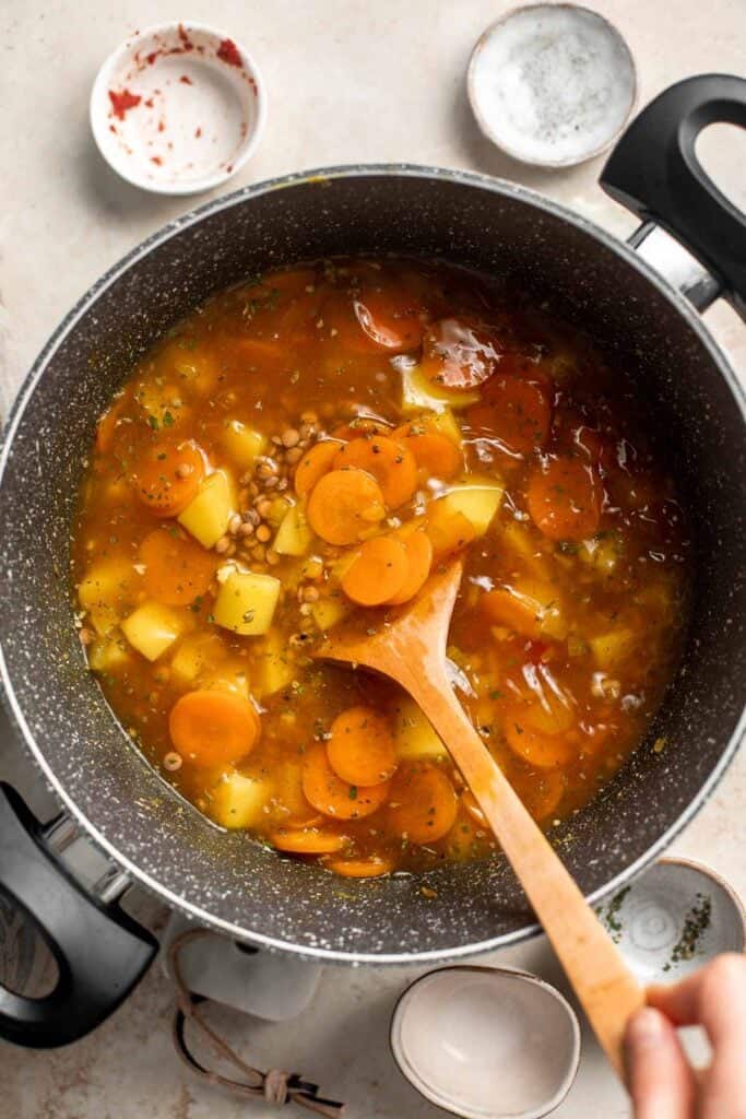 Lentil Stew is a hearty and filling vegan meal loaded with vegetables like carrots and potatoes. This well seasoned vegetarian stew is ready in 45 minutes. | aheadofthyme.com