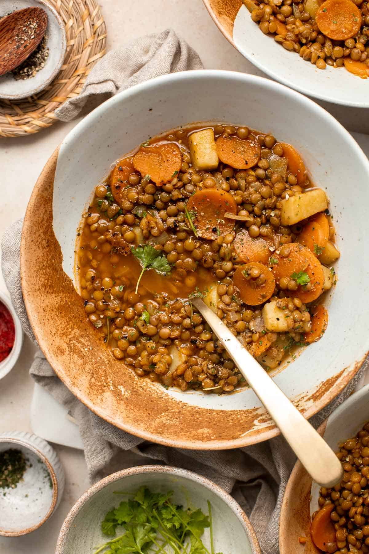 Lentil Stew is a hearty and filling vegan meal loaded with vegetables like carrots and potatoes. This well seasoned vegetarian stew is ready in 45 minutes. | aheadofthyme.com