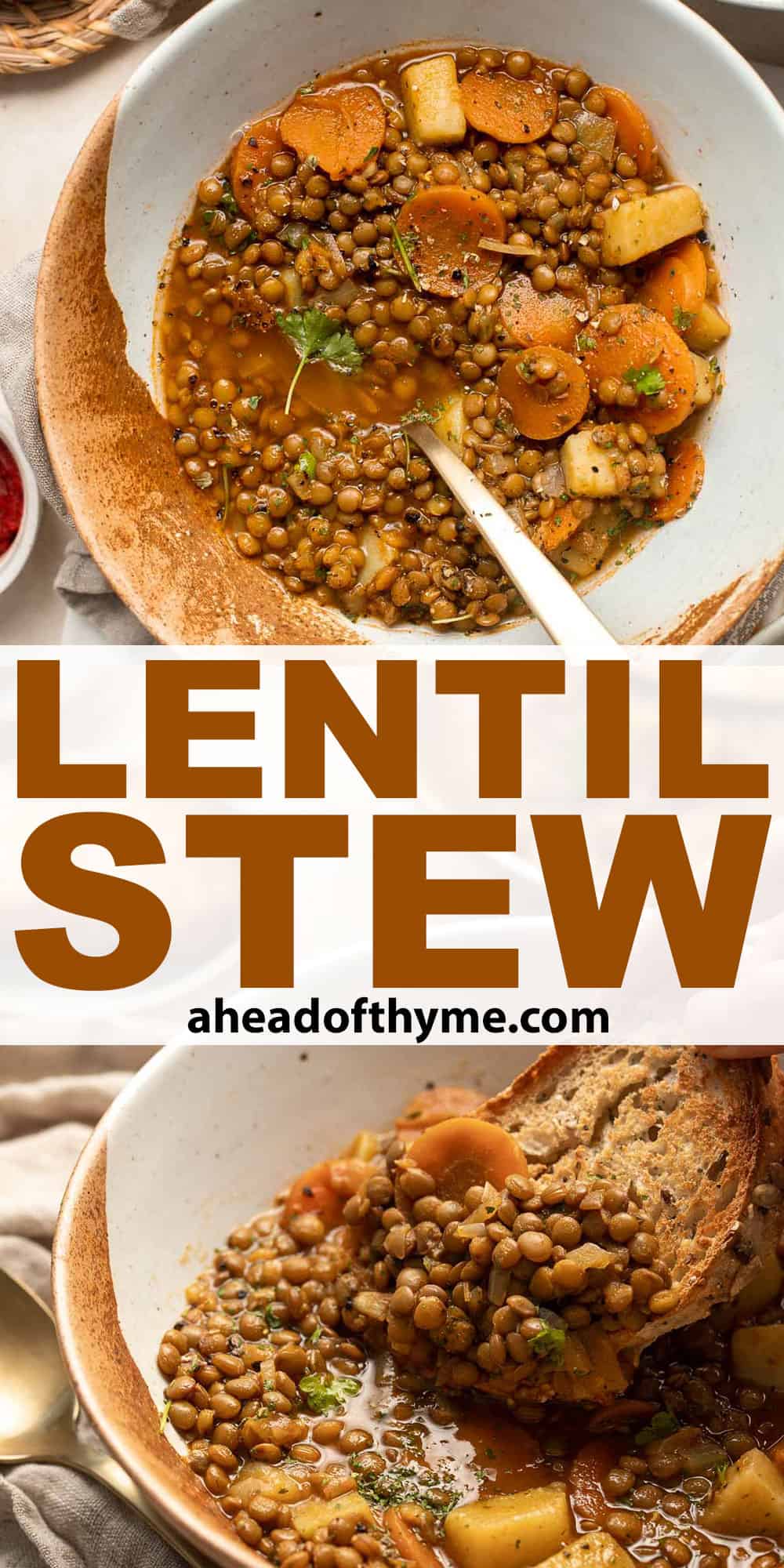 Lentil Stew is a hearty and filling vegan meal loaded with vegetables like carrots and potatoes. This well seasoned vegetarian stew is ready in 45 minutes. | aheadofthyme.com