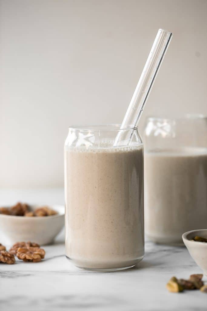 Majoon banana and date smoothie is a delicious and healthy all-natural energy drink with bananas, dates and nuts. The perfect breakfast or snack. | aheadofthyme.com