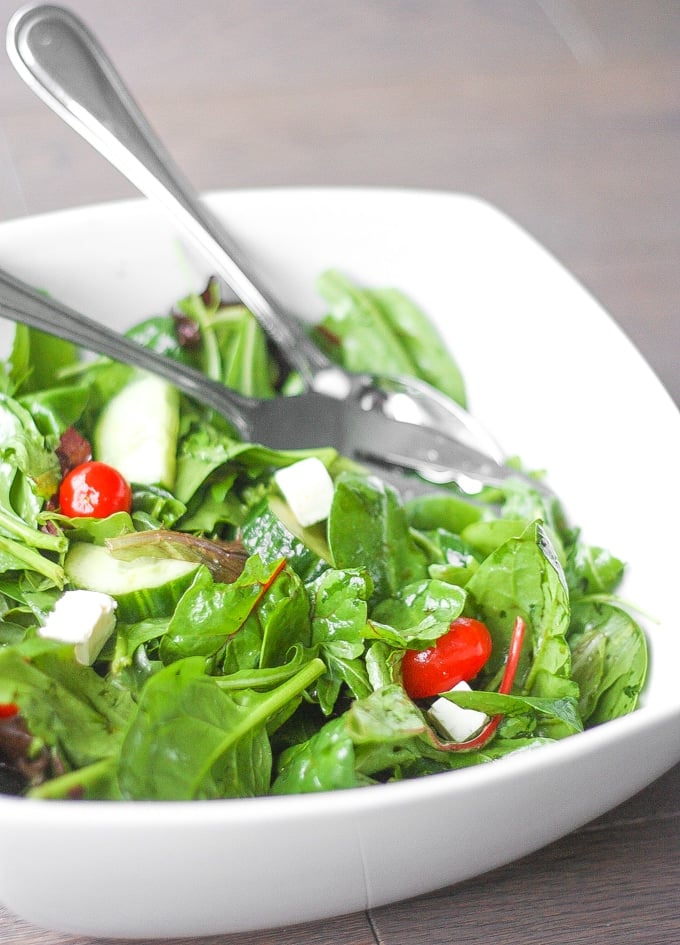 Mixed Greens Salad with Balsamic Vinaigrette: When I want to make a quick and easy salad, this mixed greens salad with balsamic vinaigrette is my go-to recipe. It makes a great side dish at dinner or a light lunch | aheadofthyme.com