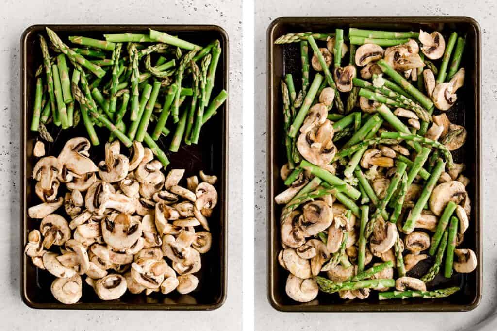 Roasted garlic asparagus and mushrooms is a simple vegan sheet pan side dish that‘s easy to make, flavorful and delicious. Serve with your favorite protein. | aheadofthyme.com