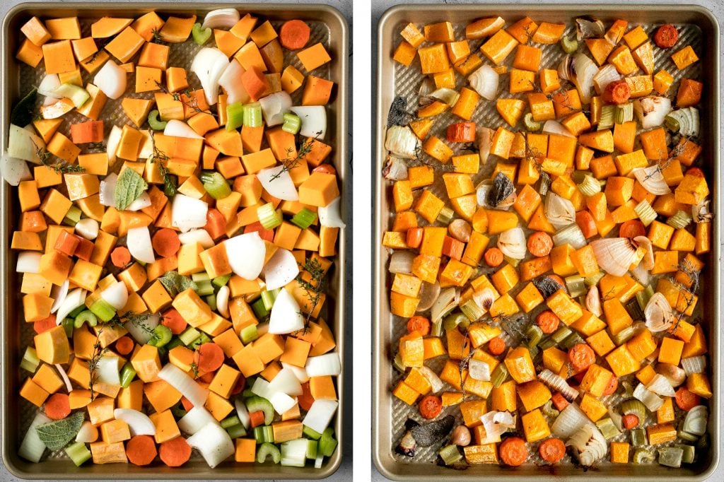This easy, delicious, vegan roasted butternut squash soup sums up the taste of the holidays in one spoon. Rosemary, sage and thyme, need I say more? | aheadofthyme.com