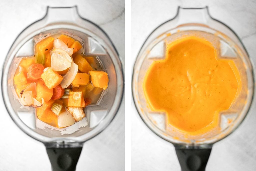 This easy, delicious, vegan roasted butternut squash soup sums up the taste of the holidays in one spoon. Rosemary, sage and thyme, need I say more? | aheadofthyme.com