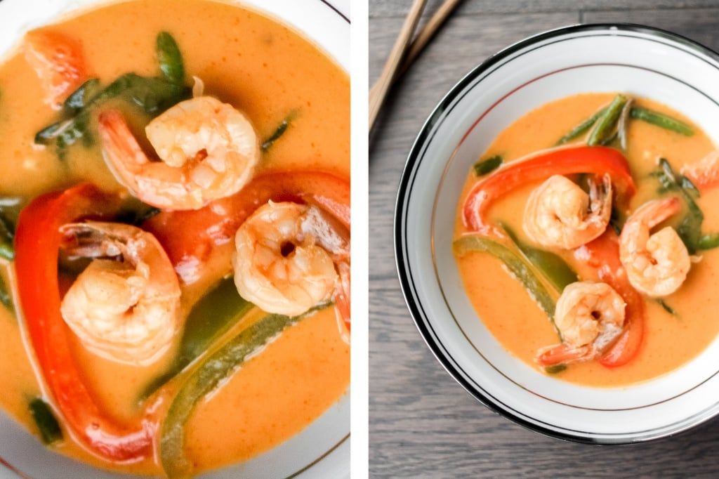 Better than takeout, Thai coconut red curry with prawns is easy, quick, and full of so much flavour! Cook this perfect weeknight dinner in just 15 minutes! | aheadofthyme.com