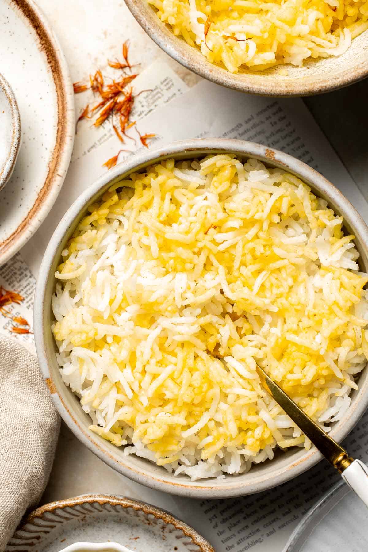 Basmati Rice with Saffron is an traditional side served in Middle Eastern and Persian cuisine. It's simple to make with this easy-to-follow recipe. | aheadofthyme.com