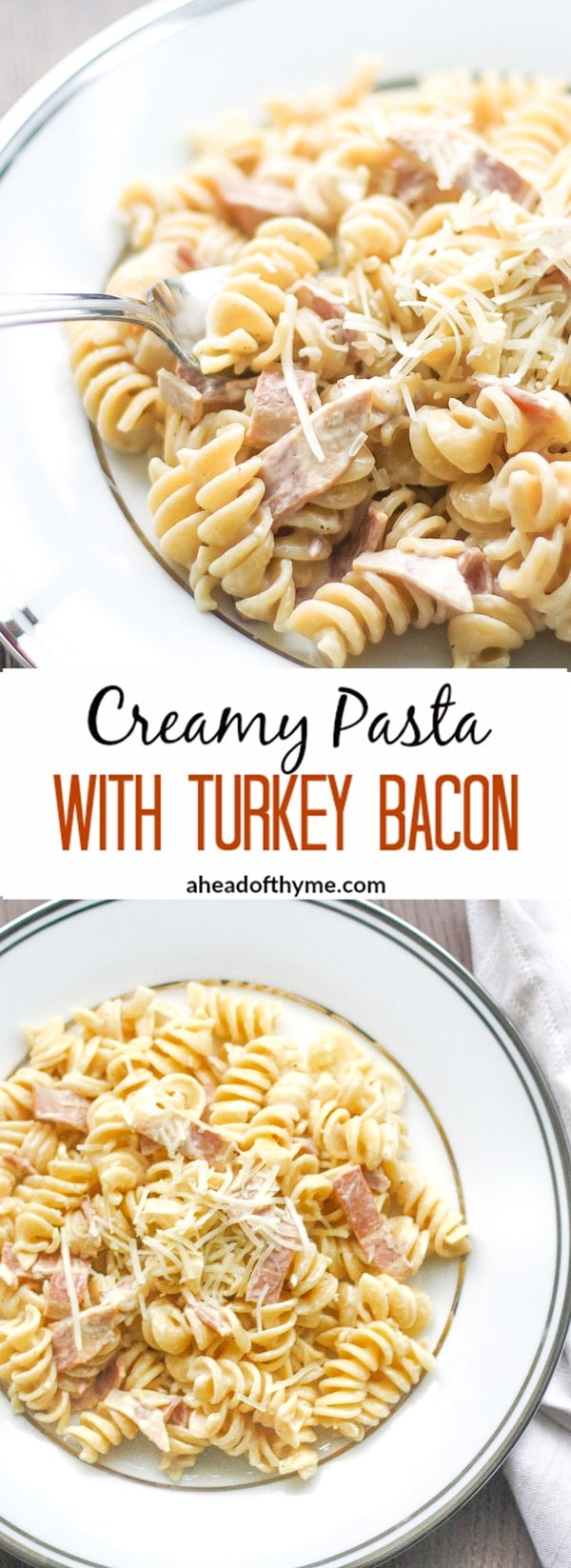 Creamy Pasta with Turkey Bacon: This delicious, smooth and creamy pasta is loaded with cheese and turkey bacon to yield the ultimate comfort food | aheadofthyme.com