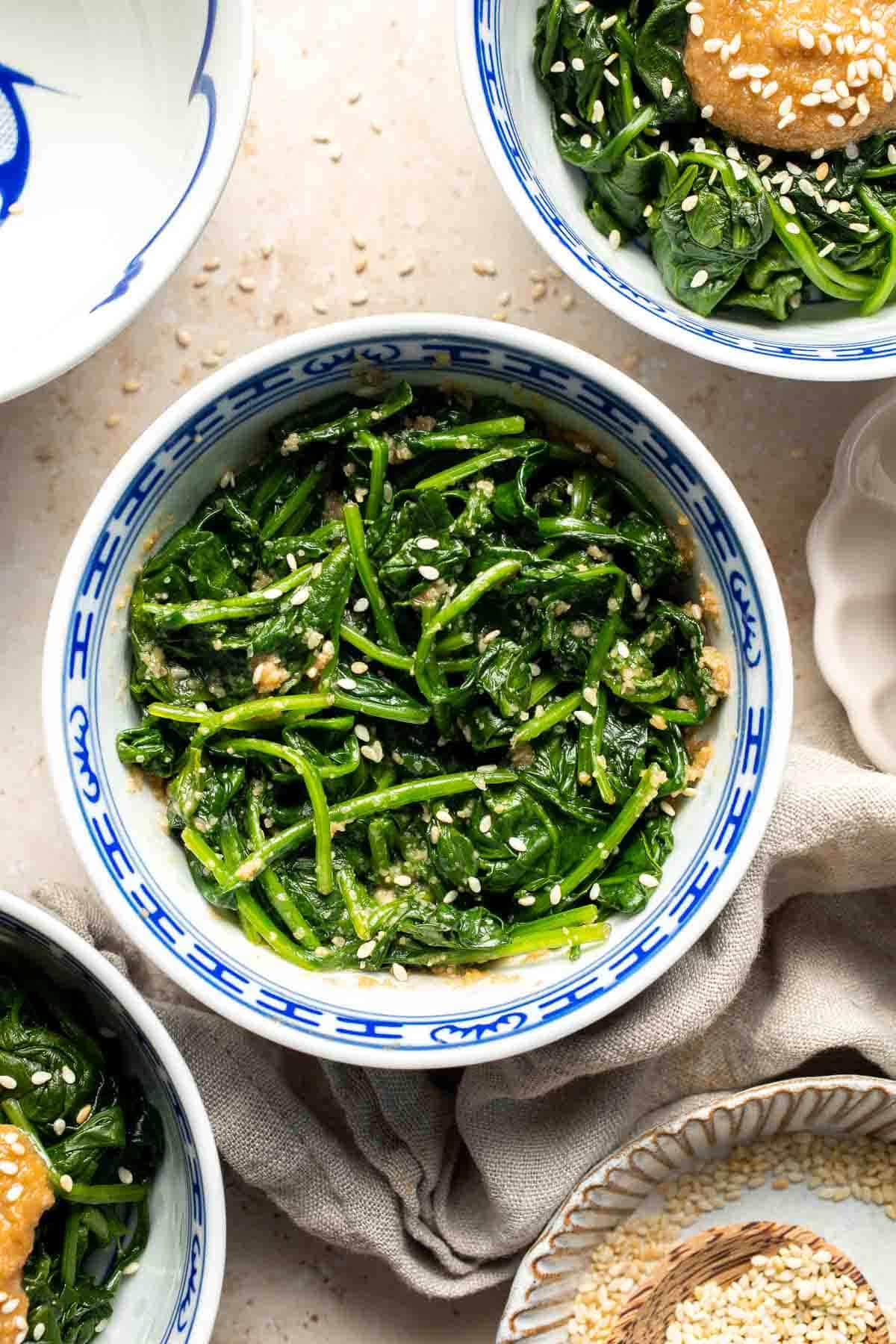 Gomae Spinach Salad is a classic Japanese side dish featuring tender blanched spinach tossed in a sweet and savory sesame dressing. Simple and delicious. | aheadofthyme.com