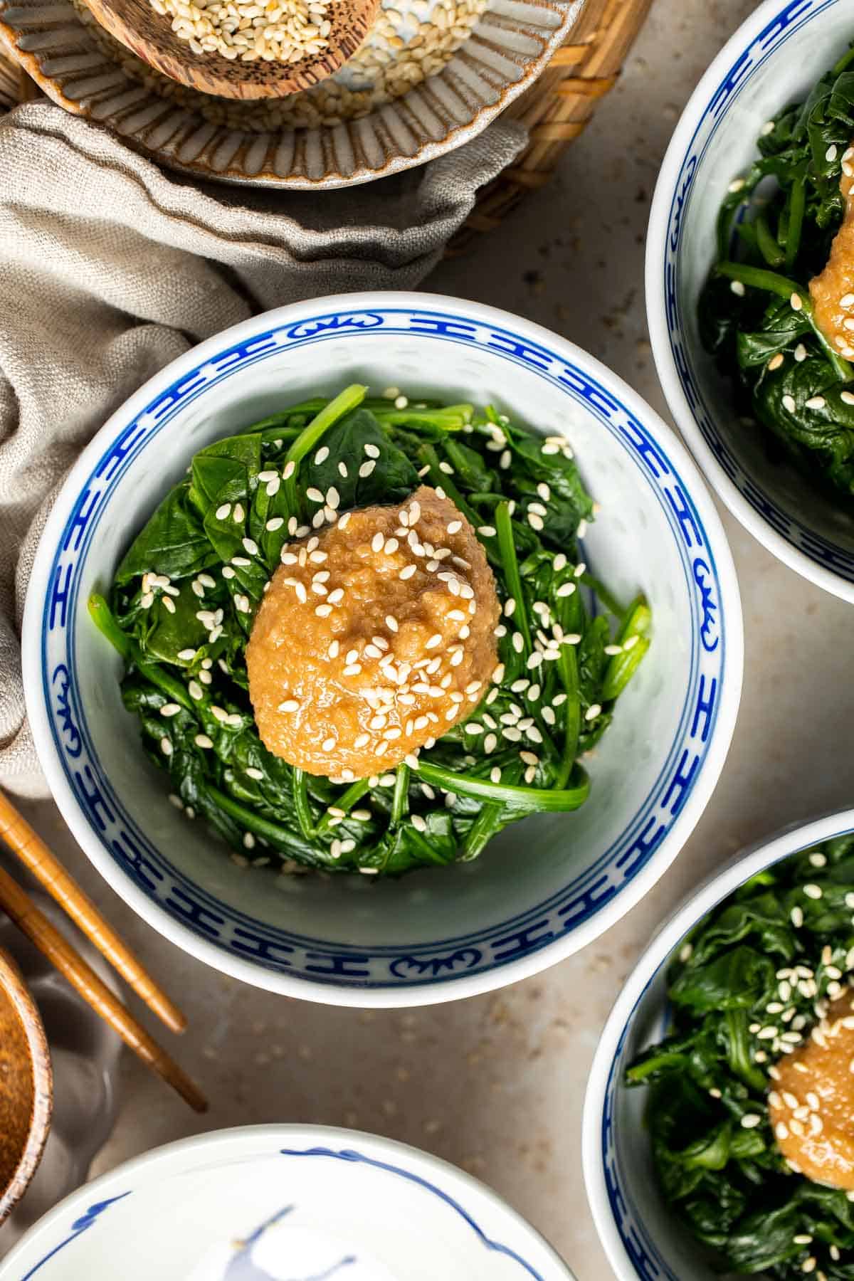 Gomae Spinach Salad is a classic Japanese side dish featuring tender blanched spinach tossed in a sweet and savory sesame dressing. Simple and delicious. | aheadofthyme.com