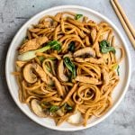 Better than take-out, flavourful and authentic Shanghai fried noodles with chicken, mushrooms, and bok choy is made in just 10 minutes - the easiest dinner! | aheadofthyme.com