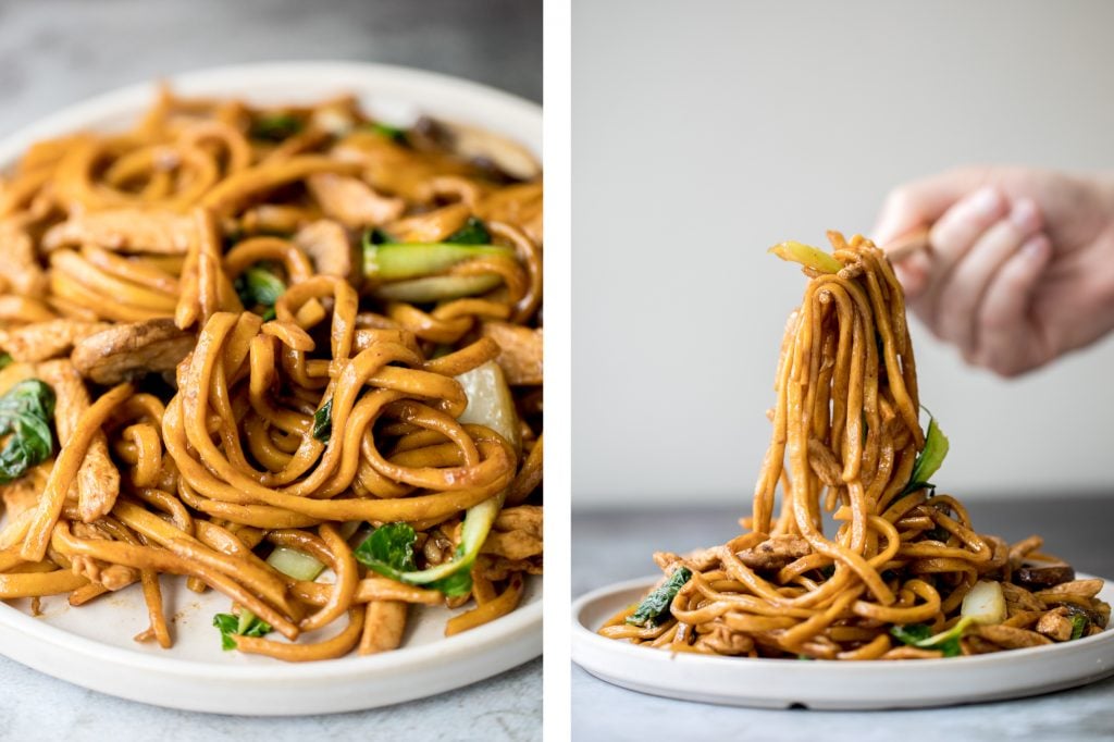 Better than take-out, flavourful and authentic Shanghai fried noodles with chicken, mushrooms, and bok choy is made in just 10 minutes - the easiest dinner! | aheadofthyme.com