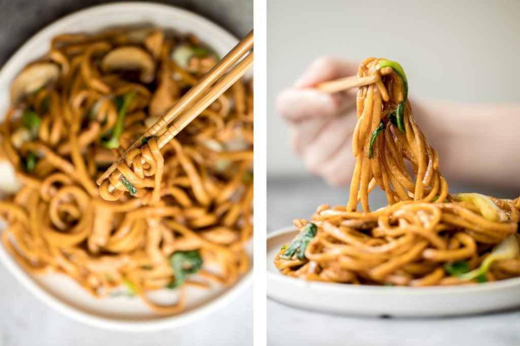 Better than take-out, flavourful and authentic Shanghai fried noodles with chicken, mushrooms, and bok choy is made in just 10 minutes - the easiest dinner! | aheadofthyme.com