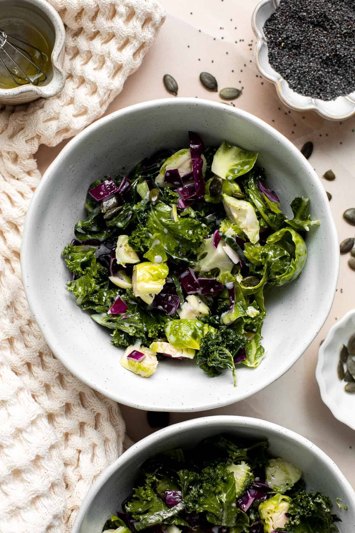 This Sweet Kale Salad is loaded with hearty greens, veggies, and homemade poppy seed dressing — inspired by the Taylor Farms salad kit from Costco. | aheadofthyme.com