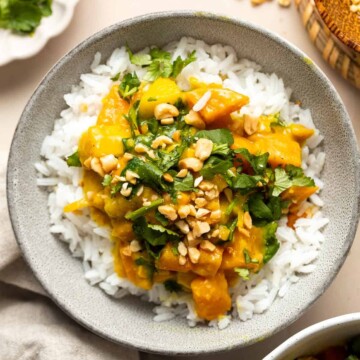 Sweet Potato Yellow Curry is a flavorful and delicious vegetarian dish that is quick and easy to make any day of the week in under 30 minutes. | aheadofthyme.com