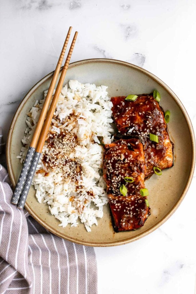 Quick easy teriyaki salmon is tender, flaky, and flavorful, with bold flavors from the delicious teriyaki marinade. Great for dinner or meal prep lunches. | aheadofthyme.com