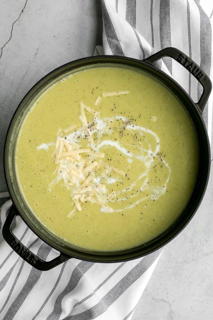 Delicious and flavourful, light cream of broccoli soup is a silky smooth, creamy, and thick soup made healthier with no cream. Make it in under 25 minutes. | aheadofthyme.com