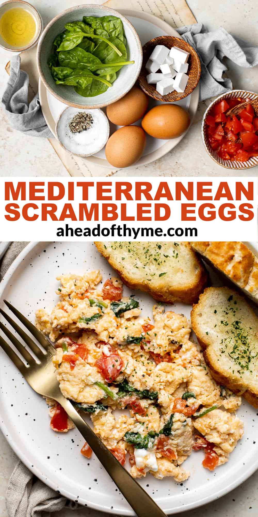 Mediterranean Scrambled Eggs with spinach, tomato, and feta is loaded with flavor and a quick and easy breakfast to make in under 10 minutes (with prep!). | aheadofthyme.com