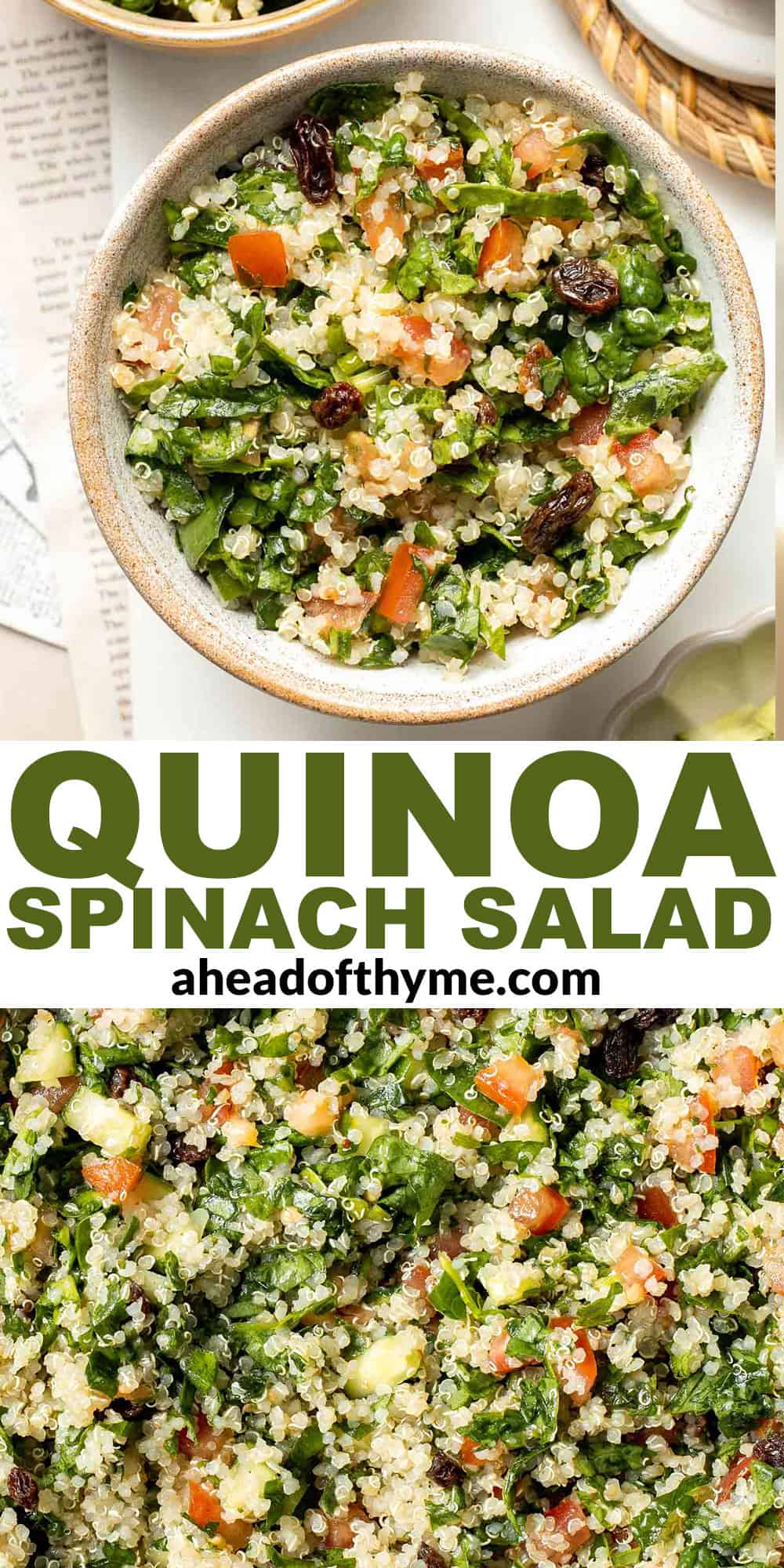 Quinoa Spinach Power Salad is made with tender quinoa, tomatoes, cucumbers, and raisins dressed in a homemade lemon vinaigrette. Gluten-free and vegan too. | aheadofthyme.com