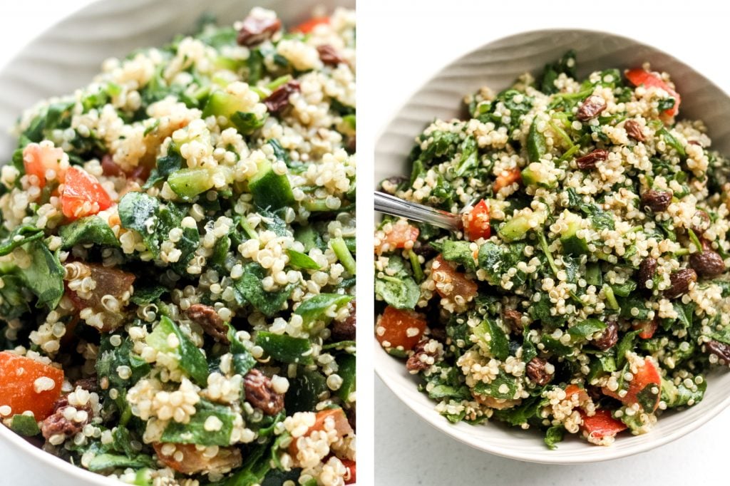 Take a bite into this refreshing, gluten-free quinoa spinach salad bursting with colourful tomatoes, cucumbers and raisins dressed with a lemon vinaigrette.