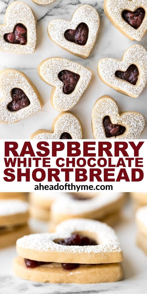 Cute raspberry and white chocolate heart-shaped shortbread cookies literally melt in your mouth. They are the perfect Valentine's Day treat. | aheadofthyme.com