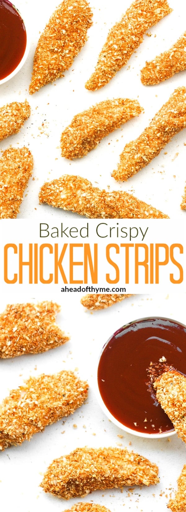 Baked Crispy Chicken Strips: Juicy long strips of chicken shaped perfectly for dipping and coated with a flawless crispy and crunchy exterior, baked crispy chicken strips are a pleaser | aheadofthyme.com