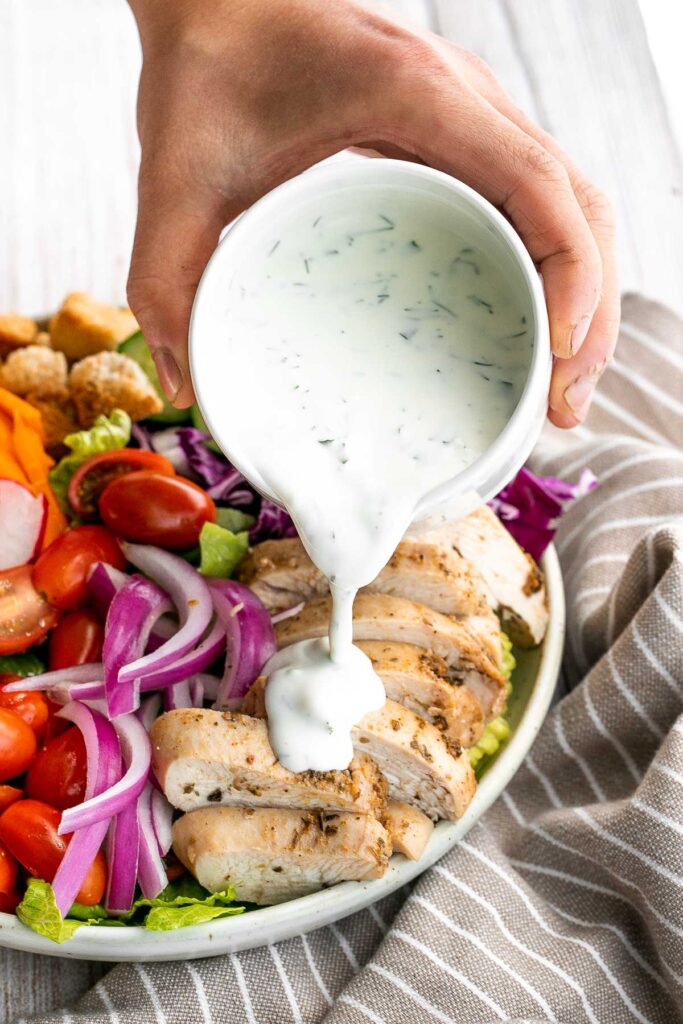 Chicken garden salad with ranch dressing is fresh, healthy, hearty, and colorful. It's a filling and wholesome lunch or dinner that is versatile too. | aheadofthyme.com