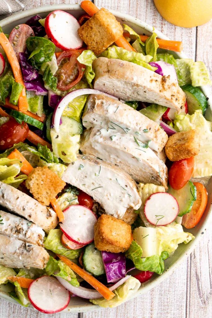 Chicken garden salad with ranch dressing is fresh, healthy, hearty, and colorful. It's a filling and wholesome lunch or dinner that is versatile too. | aheadofthyme.com