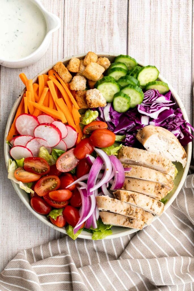 Chicken garden salad with ranch dressing is fresh, healthy, hearty, and colorful. It's a filling and wholesome lunch or dinner that is versatile too. | aheadofthyme.com