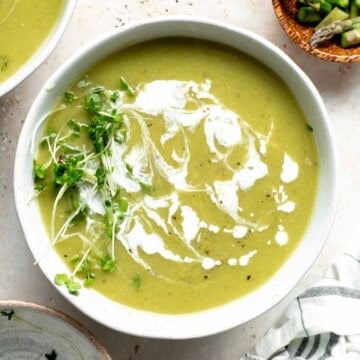 Creamless cream of asparagus soup is healthy, delicious, smooth, creamy, quick and easy to make. A perfect spring soup for a last minute lunch or dinner. | aheadofthyme.com