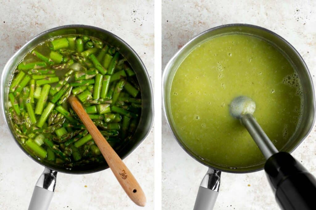 Creamless cream of asparagus soup is healthy, delicious, smooth, creamy, quick and easy to make. A perfect spring soup for a last minute lunch or dinner. | aheadofthyme.com