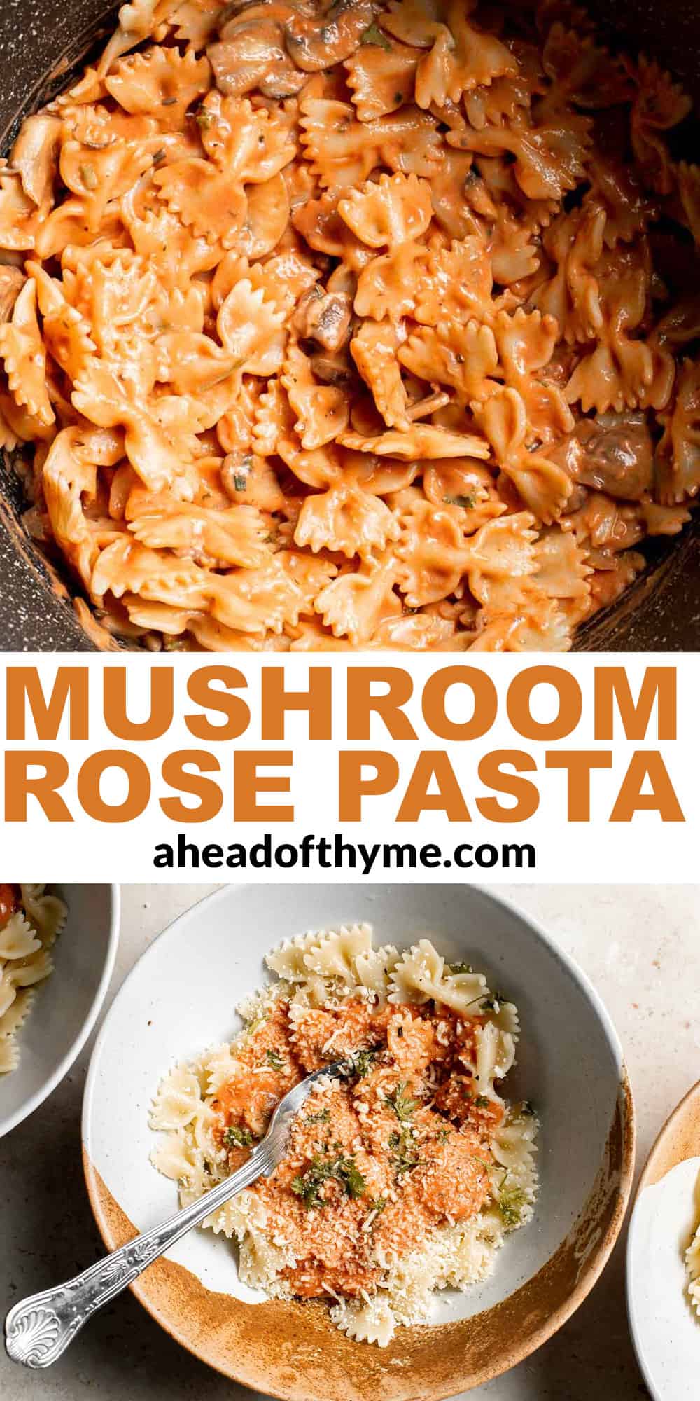 Farfalle pasta with mushroom rose sauce is creamy yet light, delicious and flavorful, and quick and easy to make in 20 minutes. Best comfort food dinner! | aheadofthyme.com