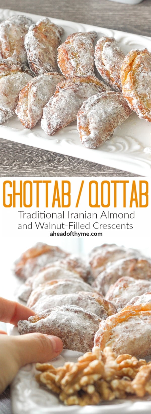 Ghotab / Qottab Pastry (Traditional Iranian Almond and Walnut-Filled Crescents): Ghotab or Qottab is a traditional Iranian almond and walnut-filled crescent pastry that is infused with cardamom and cinnamon flavours to make the perfect treat | aheadofthyme.com