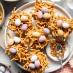 No Bake Bird's Nest Cookies are a fun and festive Easter treat made with butterscotch and peanut butter mixture and topped with chocolate mini eggs. | aheadofthyme.com
