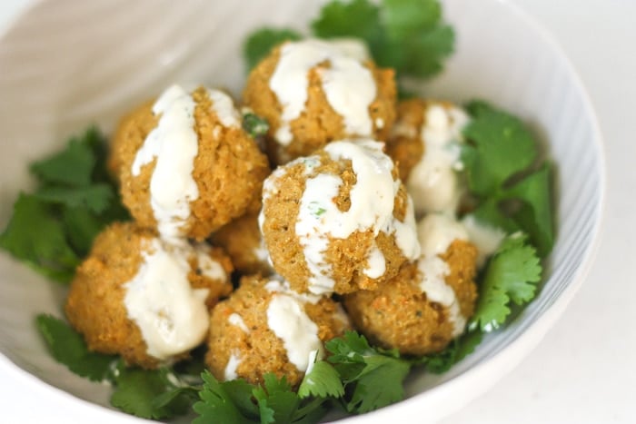 Quinoa, Cauliflower and Chickpea Vegetarian Meatballs with Tahini Sauce: Vegetarian meatballs are easy to make with a combination of quinoa, cauliflower, chickpeas and an assortment of spices and herbs, drizzled with a homemade tahini sauce | aheadofthyme.com