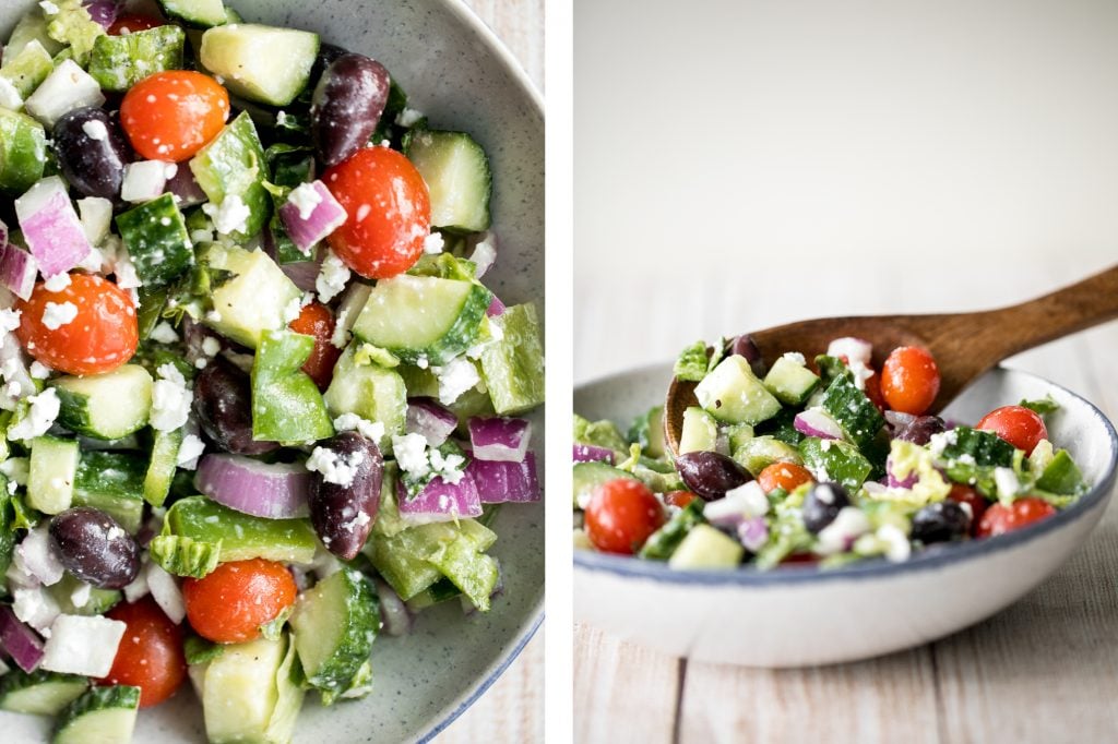 The perfect Greek salad with fresh tomatoes, cucumbers, red onions, green peppers, romaine lettuce, olives and feta cheese tossed in a lemon vinaigrette. | aheadofthyme.com