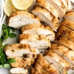 Juicy, tender, and moist, baked chicken breast with the best Greek souvlaki marinade is the most flavorful and delicious chicken dinner in under 30 minutes. | aheadofthyme.com