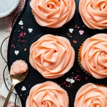 This Mother’s Day, treat someone special (or yourself!) to these beautifully light, airy, and fluffy Vanilla Cupcakes with Rose Petal Buttercream. | aheadofthyme.com