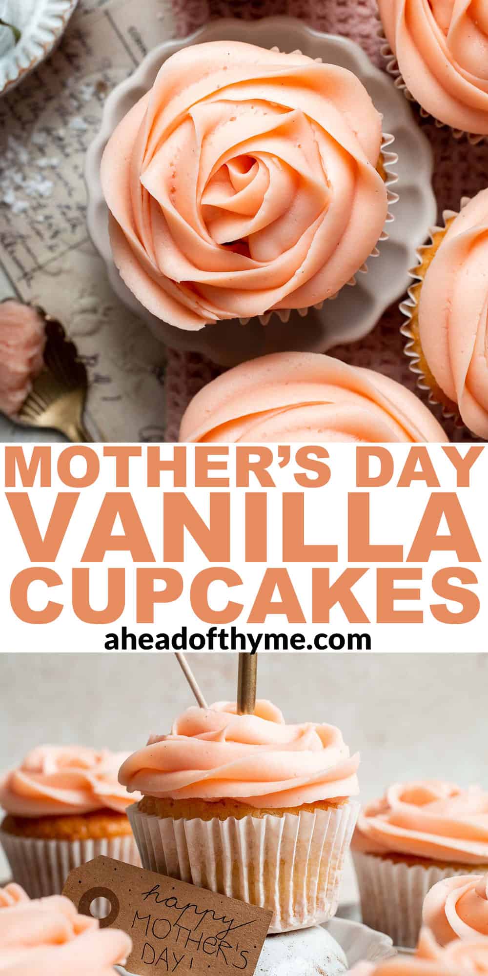 This Mother’s Day, treat someone special (or yourself!) to these beautifully light, airy, and fluffy Vanilla Cupcakes with Rose Petal Buttercream. | aheadofthyme.com