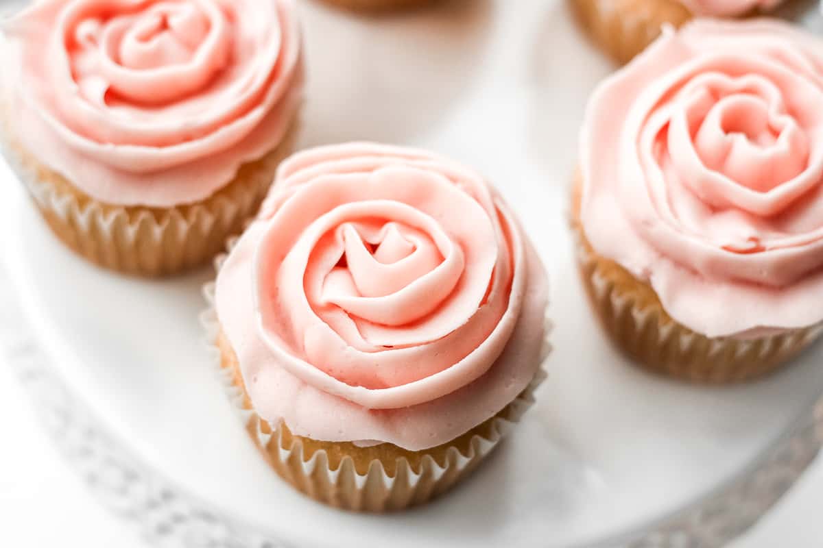 Mother’s Day Vanilla Cupcakes with Rose Petal Buttercream Icing