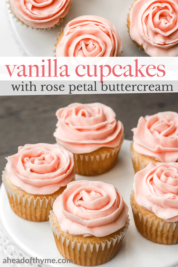 Light, airy and fluffy vanilla cupcakes with rose petal buttercream icing is the cutest treat for Mother’s Day. They are super quick and easy to make. | aheadofthyme.com