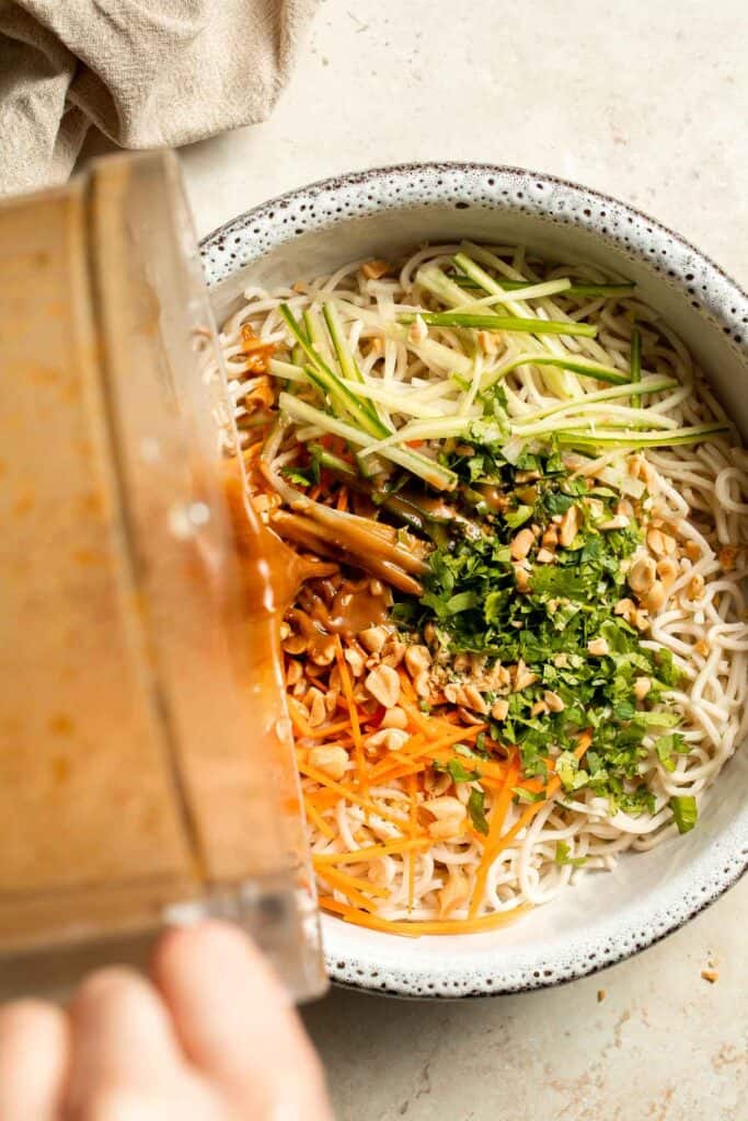 Flavorful, crispy, and crunchy, this Asian Cold Noodle Salad is made with noodles, vegetables, peanuts, and cilantro tossed in a homemade peanut dressing. | aheadofthyme.com