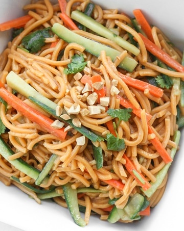 Asian Cold Noodle Salad: Nothing screams summer more than a crispy, crunchy, Asian cold noodle salad infused with a refreshing peanut, cilantro and lime dressing | aheadofthyme.com