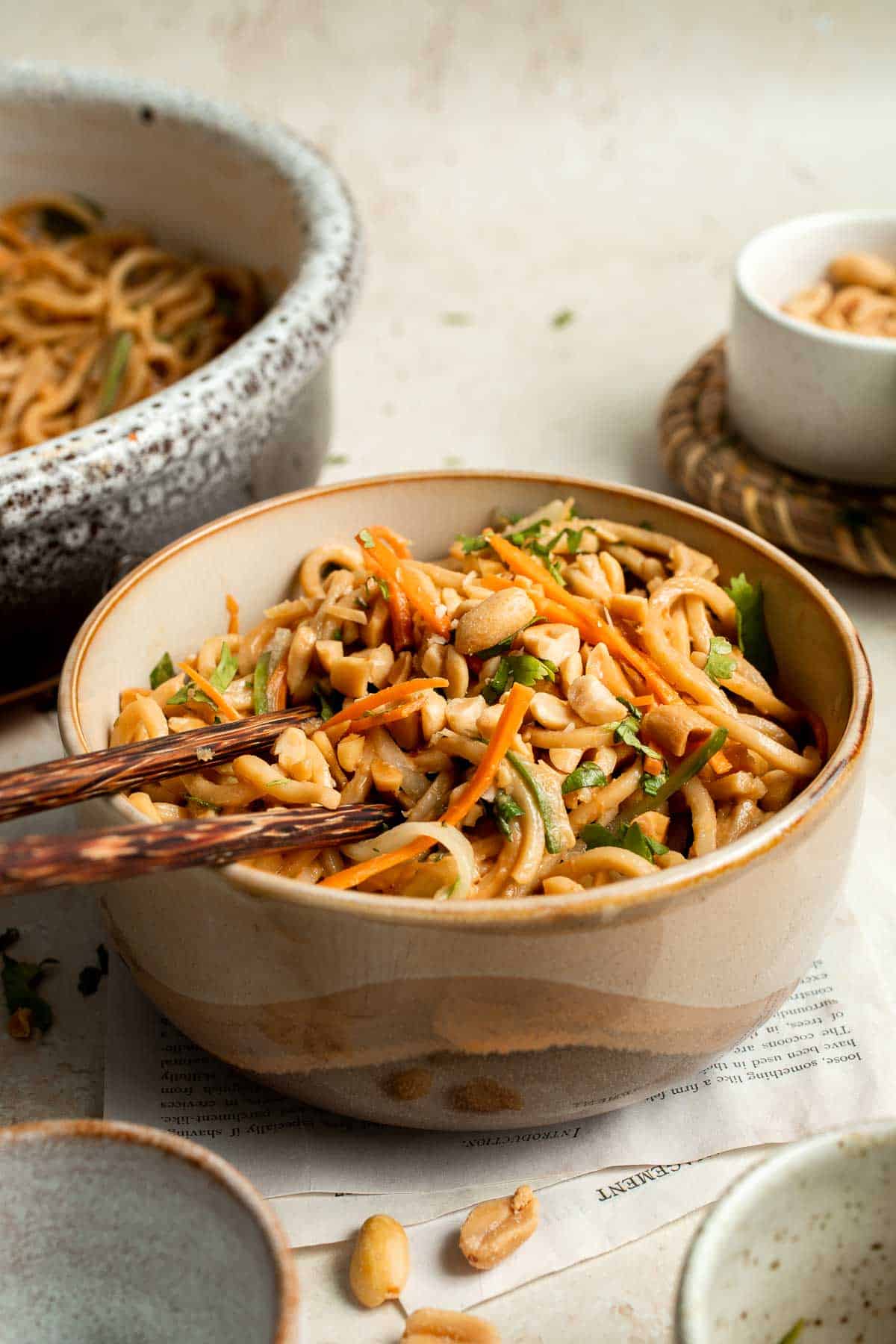 Flavorful, crispy, and crunchy, this Asian Cold Noodle Salad is made with noodles, vegetables, peanuts, and cilantro tossed in a homemade peanut dressing. | aheadofthyme.com