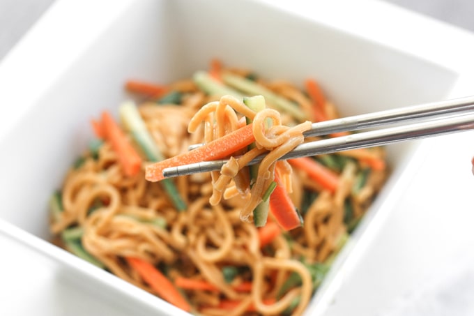 Asian Cold Noodle Salad: Nothing screams summer more than a crispy, crunchy, Asian cold noodle salad infused with a refreshing peanut, cilantro and lime dressing | aheadofthyme.com