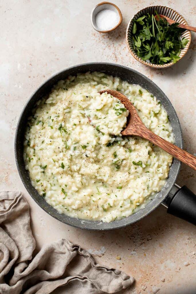 Creamy Parmesan (No Wine) Risotto is a rich, creamy, and comforting classic Italian dish that may be intimidating but is actually quick and easy to make. | aheadofthyme.com