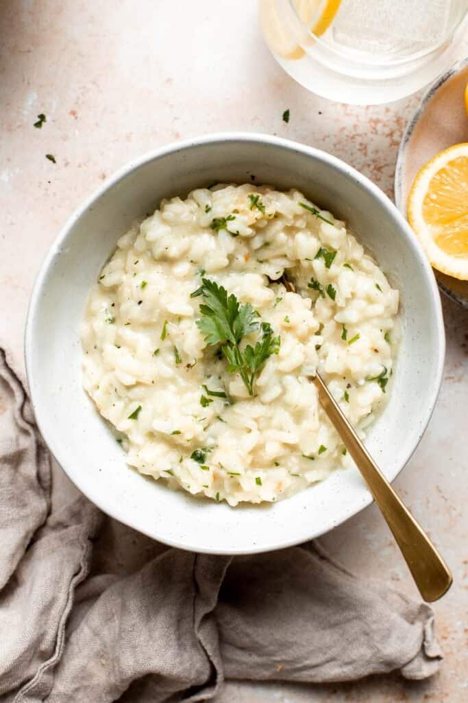 Creamy Parmesan (No Wine) Risotto is a rich, creamy, and comforting classic Italian dish that may be intimidating but is actually quick and easy to make. | aheadofthyme.com