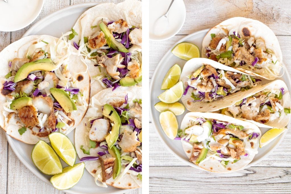 Flavourful, easy fish tacos with lime crema is made with seasoned white fish, cabbage slaw, and lime sauce. It takes less than 25 minutes to prep and serve. | aheadofthyme.com