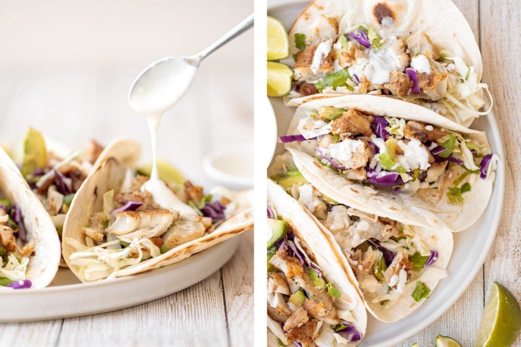 Flavourful, easy fish tacos with lime crema is made with seasoned white fish, cabbage slaw, and lime sauce. It takes less than 25 minutes to prep and serve. | aheadofthyme.com